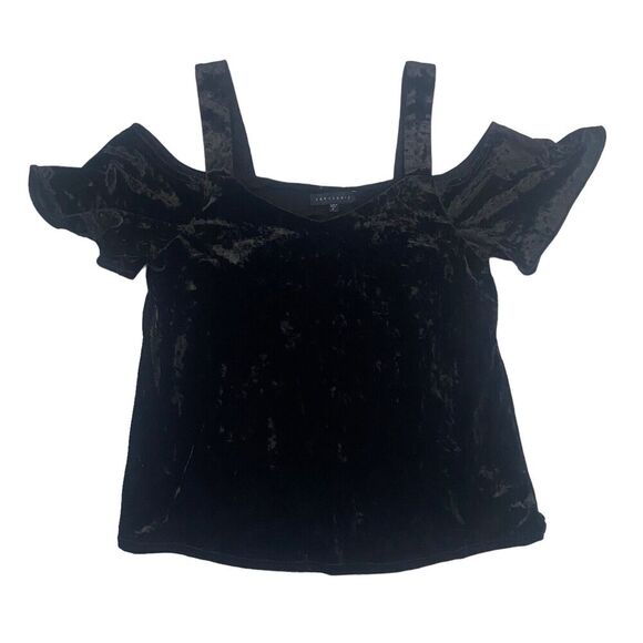 Anthropologie Sanctuary Black Velvet Cold Shoulder Blouse S/S Sz S Stretch - Picture 1 of 6